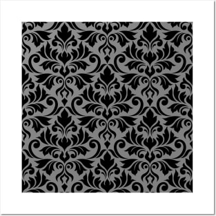 Flourish Damask Black on Gray Posters and Art